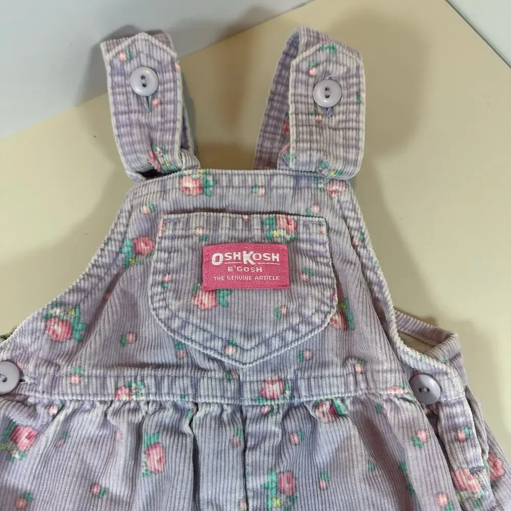 Vintage OshKosh RARE BOW BACK Purple Floral Corduroy Overalls 12 Months 80s